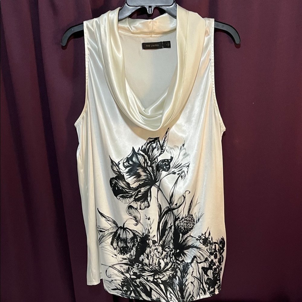 The Limited Ivory and Black Floral Cowl Neck Blouse